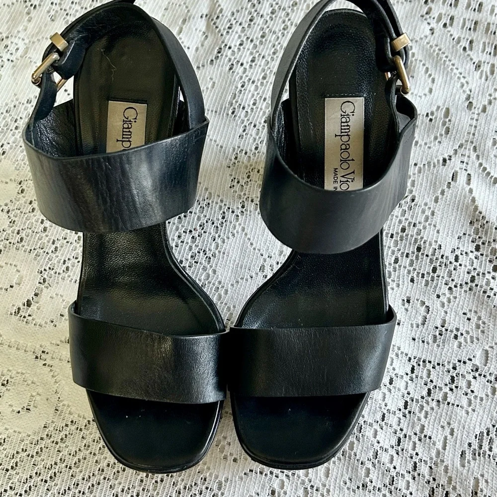 Giampaolo Viozzi Black Leather Platform Block Heel Sandals Vero Cuoio Sz 37 US 7